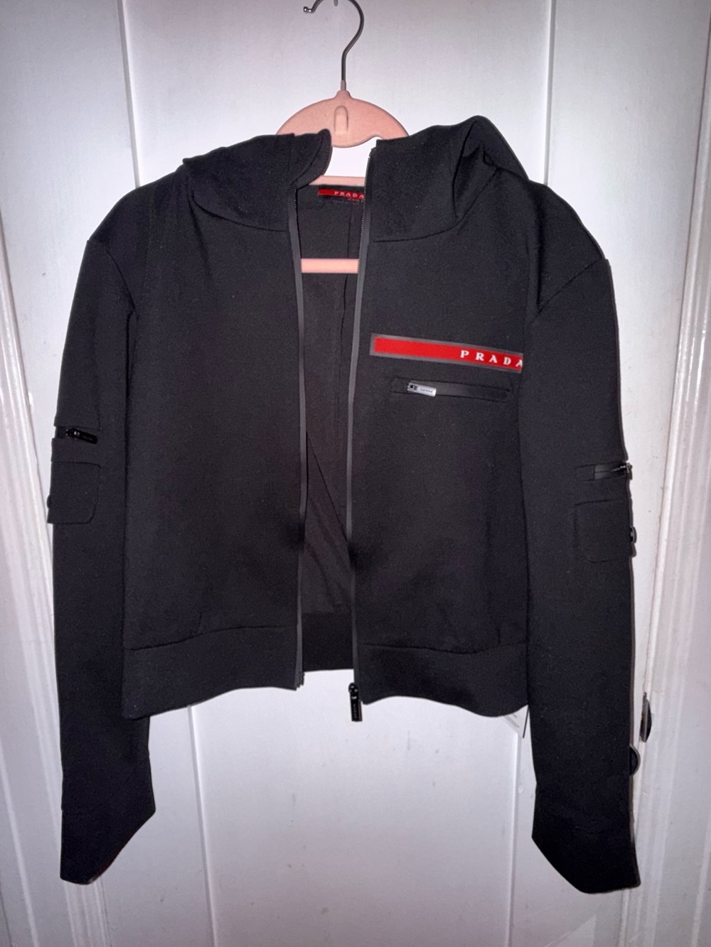 Prada Black Hooded Utility Zip Jacket with Red Logo Stripe